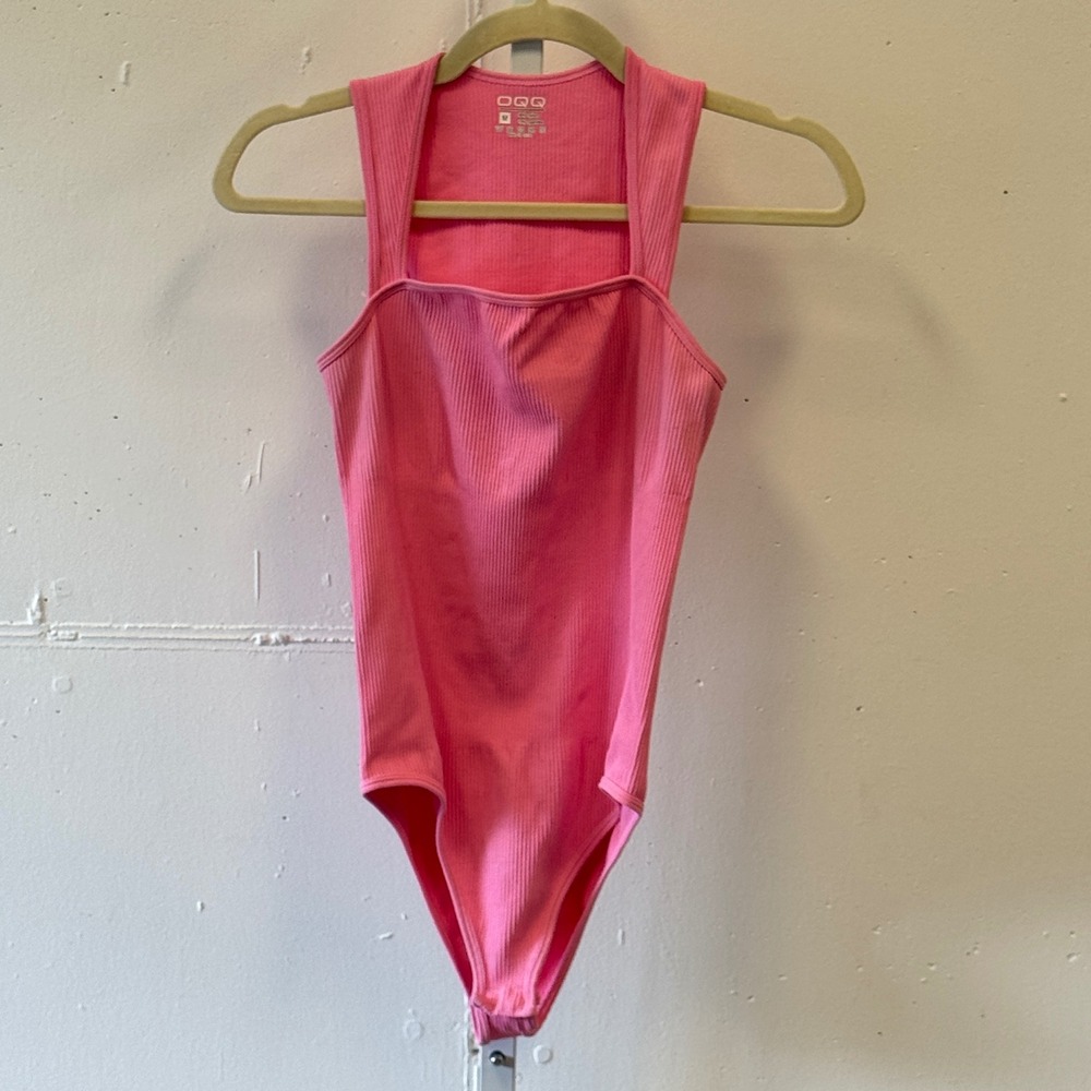 OQQ Pink Ribbed Bodysuit Sleeveless Square Neck Snap Crotch Medium